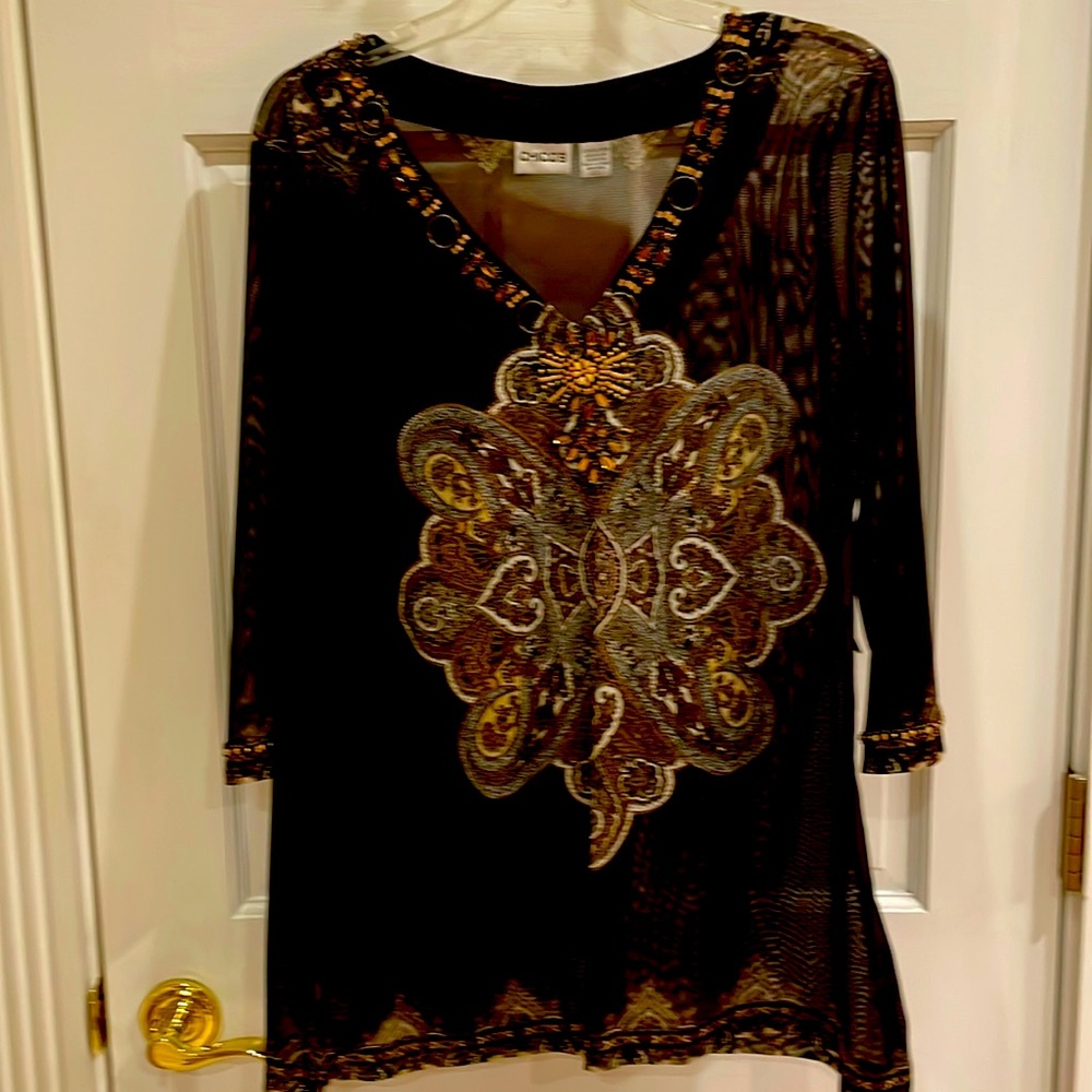Chico’s Brown Size 2 ( 12/14) 3/4 sleeve Decorative Tunic.